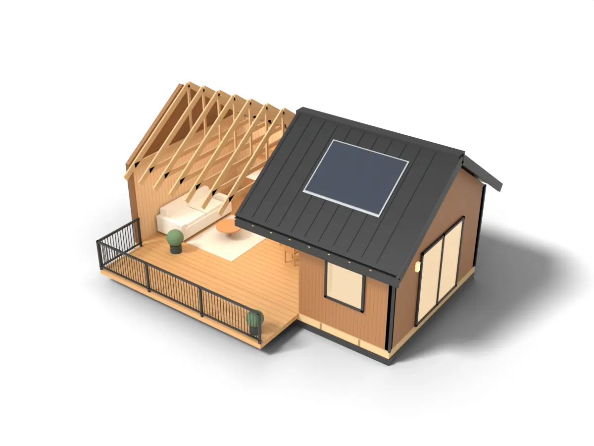 A finished Kyllo home shown as a cutaway, with its deck, interior and roof