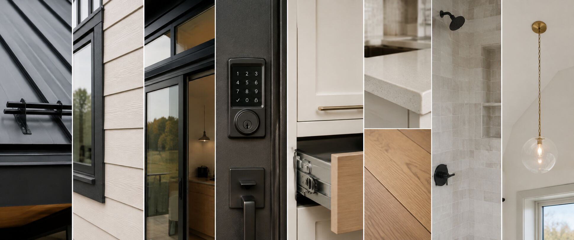 Kyllo Homes finishes including metal roofing, siding, windows, smart lock, cabinetry, countertops, tile and lighting
