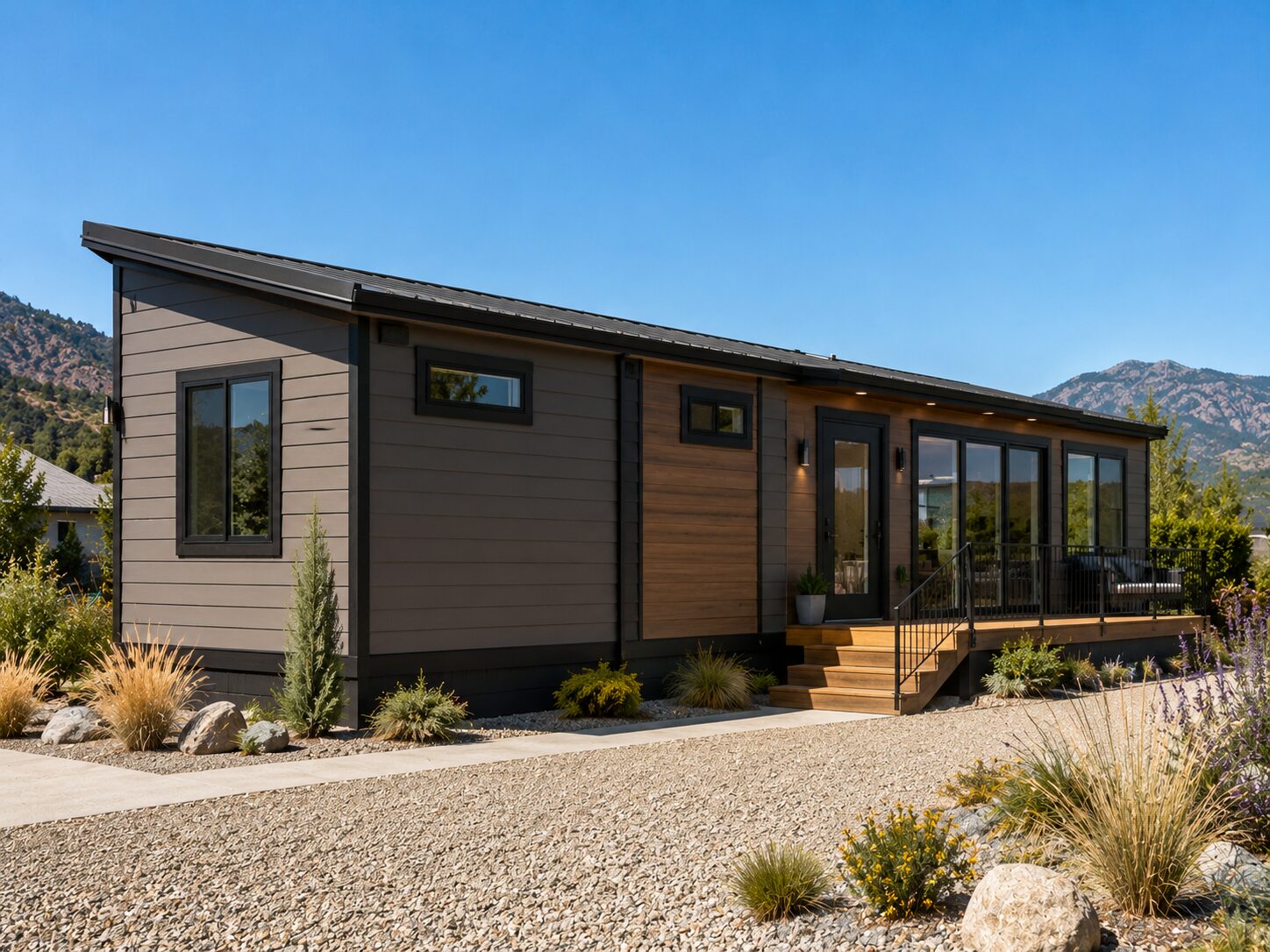 Kyllo park model home with wood and charcoal siding and a front deck